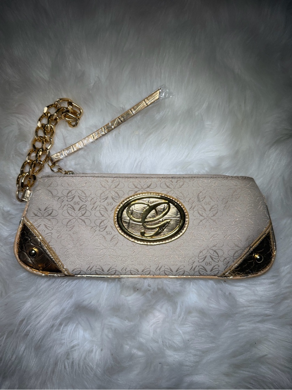 Cream Wristlet Clutch with Gold Accents